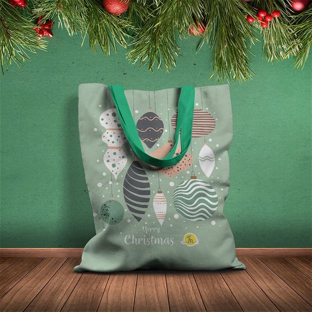 Geanta Handmade Tote Basic, Merry Christmas Globuri in Bradul de Craciun, Multicolor, 43x37 cm
