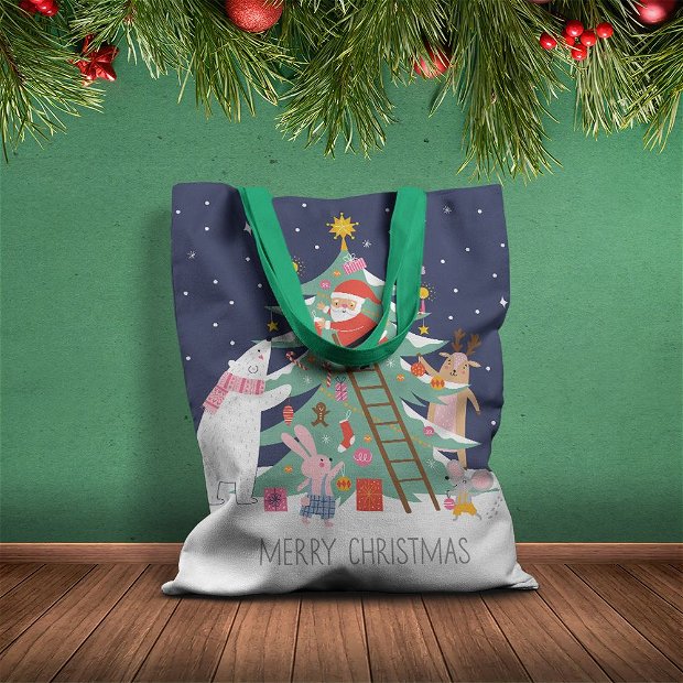 Geanta Handmade Tote Basic, Merry Christmas Animale care Impodobesc Bradul impreuna cu Mos Craciun, Multicolor, 43x37 cm