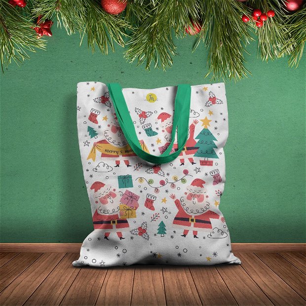 Geanta Handmade Tote Basic, Merry Christmas Mos Craciun incantat ca se apropie Craciunul, Multicolor, 43x37 cm