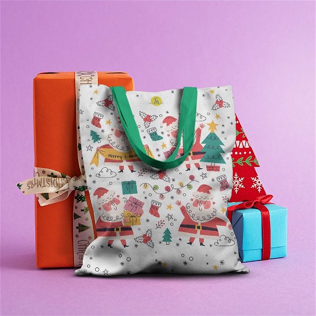 Geanta Handmade Tote Basic, Merry Christmas Mos Craciun incantat ca se apropie Craciunul, Multicolor, 43x37 cm