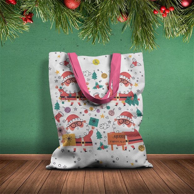 Geanta Handmade Tote Basic, Merry Christmas Mos Craciun cu Ochelari, Multicolor, 43x37 cm