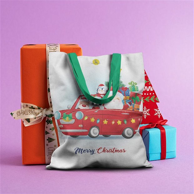 Geanta Handmade Tote Basic, Merry Christmas Mos Craciun cu Masina Rosie, Multicolor, 43x37 cm