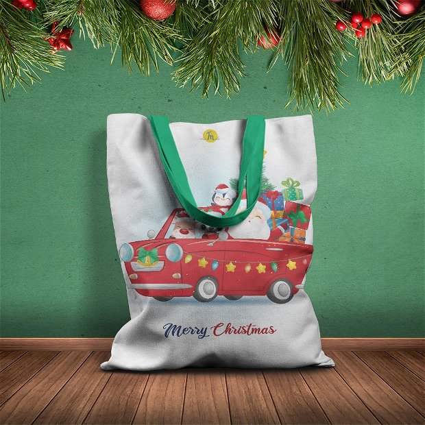 Geanta Handmade Tote Basic, Merry Christmas Mos Craciun cu Masina Rosie, Multicolor, 43x37 cm