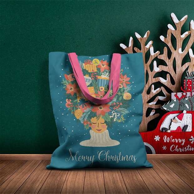 Geanta Handmade Tote Basic, Merry Christmas Am numai Cadouri pe Cap, Multicolor, 43x37 cm