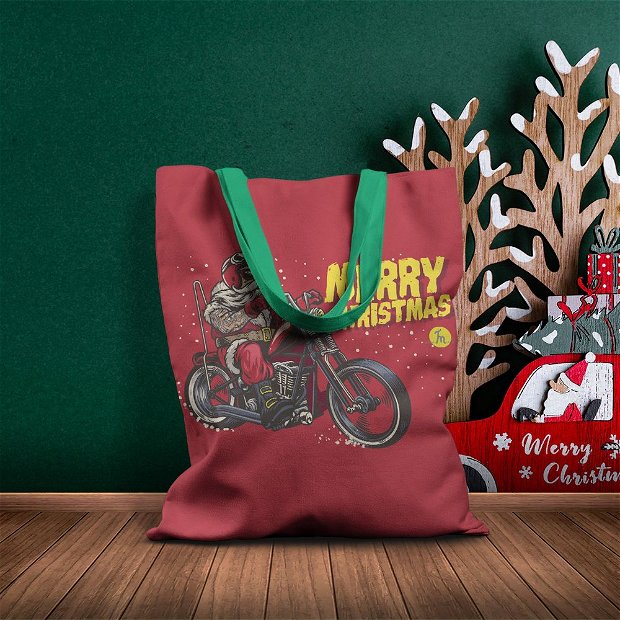 Geanta Handmade Tote Basic, Merry Christmas Mos Craciun pe Motocicleta, Multicolor, 43x37 cm