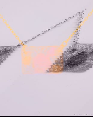 Pandantiv unicat, dreptunghiular, cu design floral, din sticla fuzionata pictata