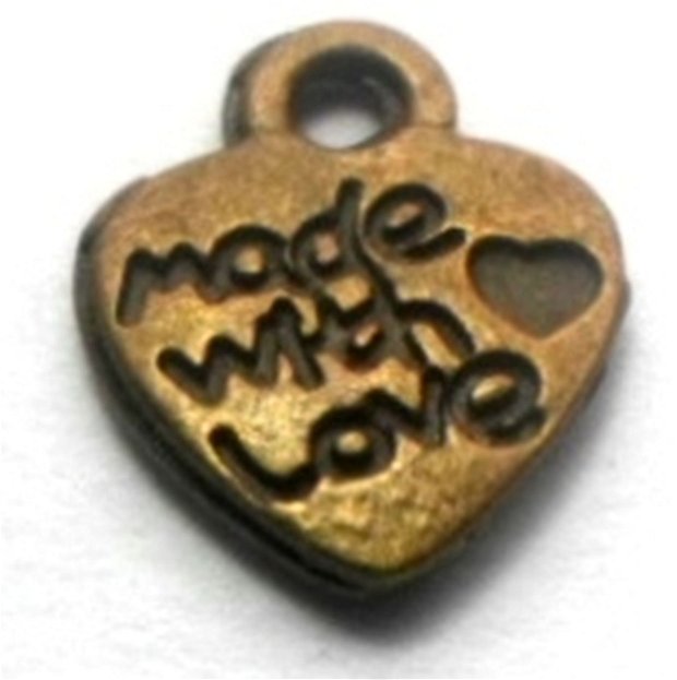 Charm metalic inima cu inima mica MADE WITH LOVE bronz
