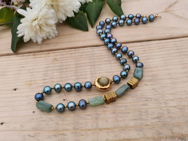 Colier perle& green kianit