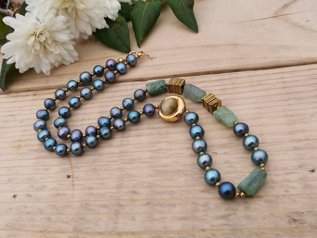 Colier perle& green kianit