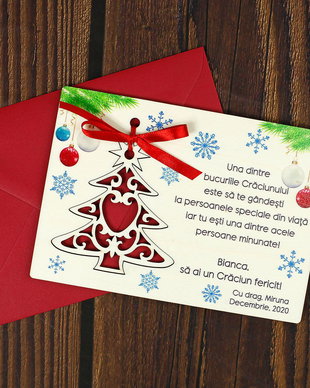 Felicitare din lemn personalizata pentru Craciun cu ornament lemn brad