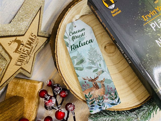 Semn de carte personalizat cu mesaj de Craciun - A woodland Christmas