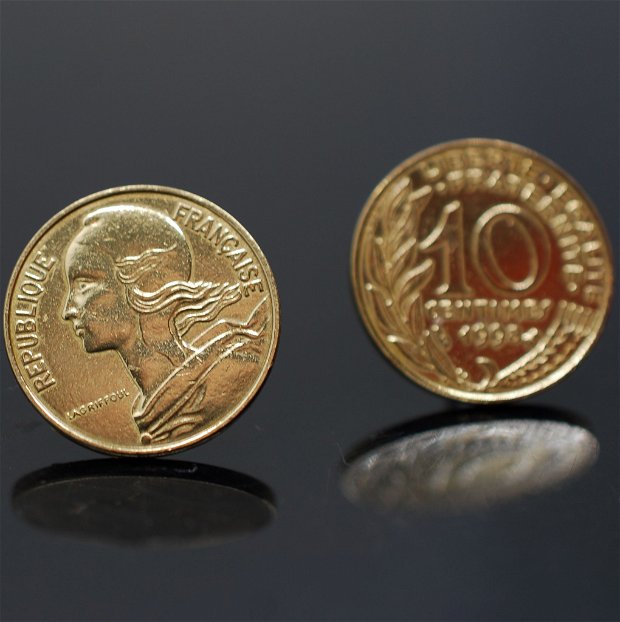 Cercei  din alama cu tija din argint, din monede alama franceze, din colectia Reversul monedei