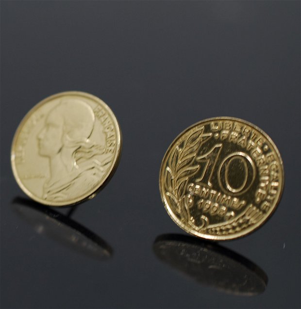 Cercei  din alama cu tija din argint, din monede alama franceze, din colectia Reversul monedei