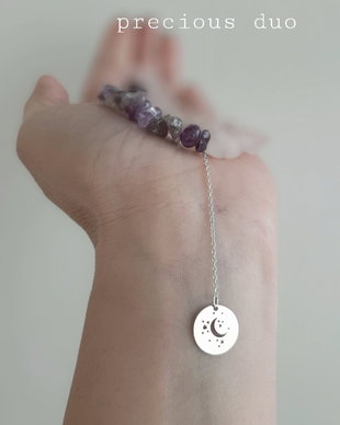 Colier/Choker argint din ametist și cuarț roz cu pandantiv Lună și Stele