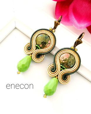 Cercei oliv, soutache,  Cercei cu unakit