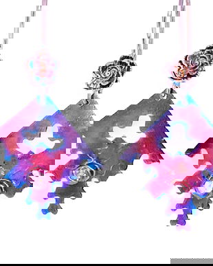 Cercei de autor, atarnatori, evocand Aurora Boreala, din argint pur cu cubic zirconia, antichizati