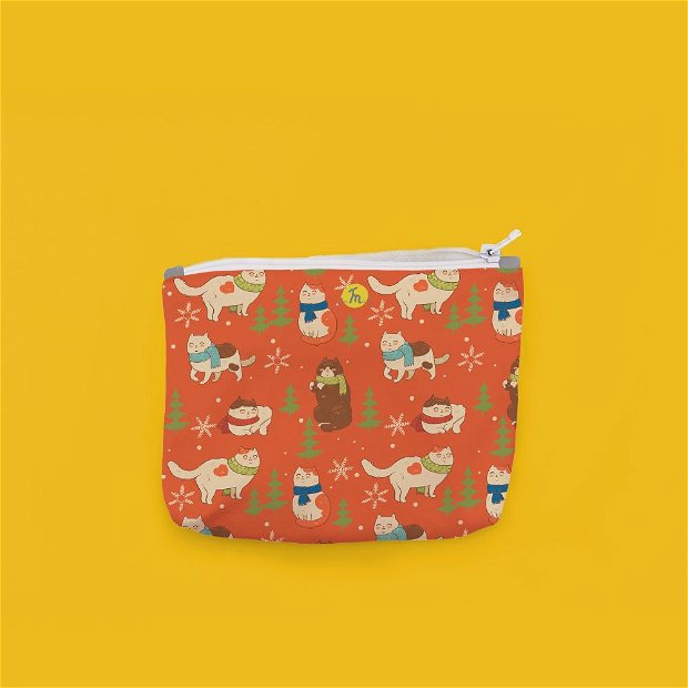 Portofel tip Pouch Handmade, Pisici cu Fular si Fulgi de Nea, Multicolor, 22x19 cm