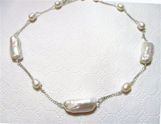 Colier lant masiv argint si perle de cultura albe dreptunghiulare