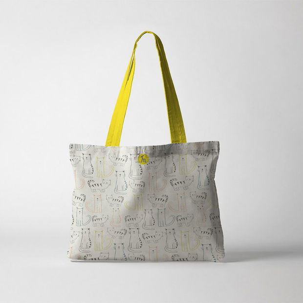 Geanta Handmade Tote Fatty cu Captuseala, Pisici Desenate de Copii, Multicolor, 37x45 cm