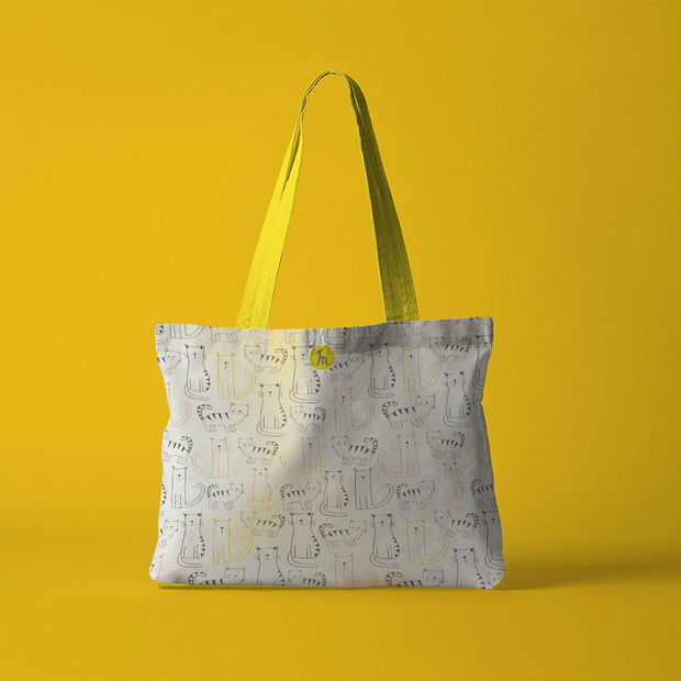 Geanta Handmade Tote Fatty cu Captuseala, Pisici Desenate de Copii, Multicolor, 37x45 cm