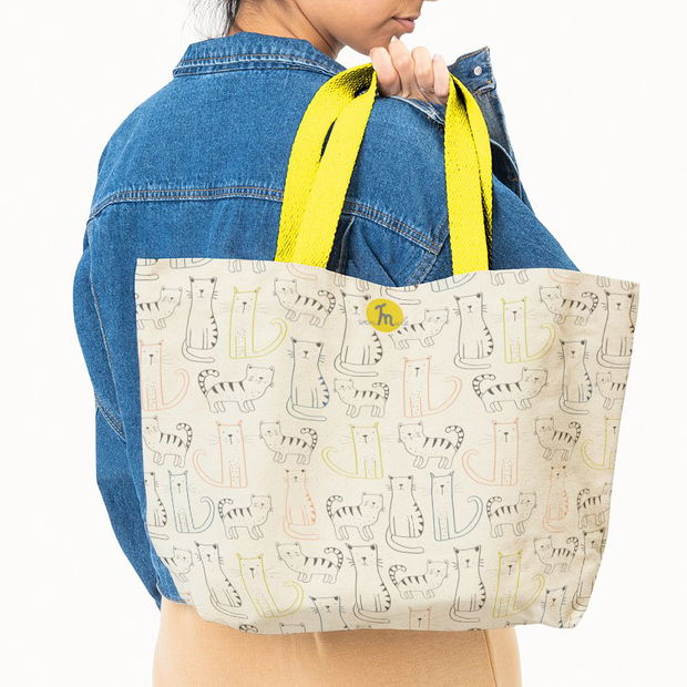 Geanta Handmade Tote Fatty cu Captuseala, Pisici Desenate de Copii, Multicolor, 37x45 cm