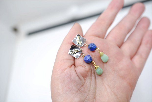 Cercei  din argint 925, lapis lazuli si crisopraz, frunze din alama placate cu aur
