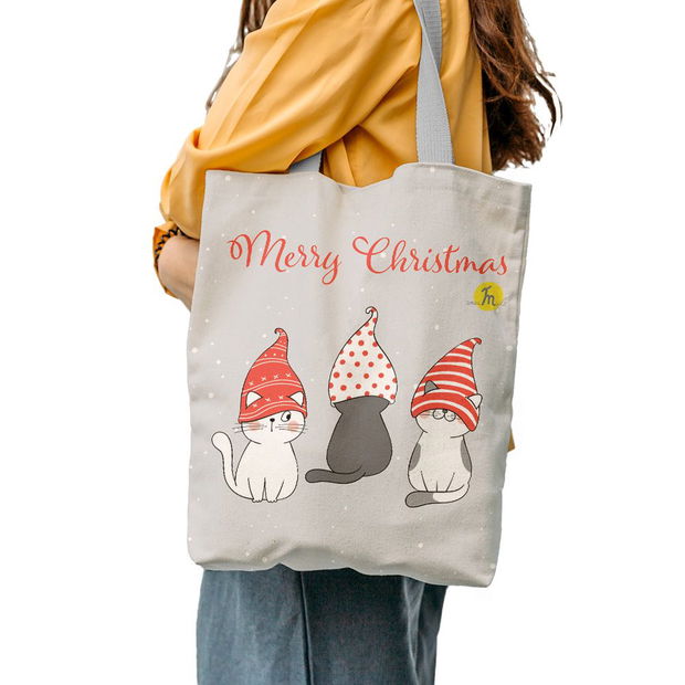 Geanta Handmade Tote Liner cu Captuseala, Merry Christmas Urare de Craciun de la 3 Pisici, Multicolor, 45x37 cm