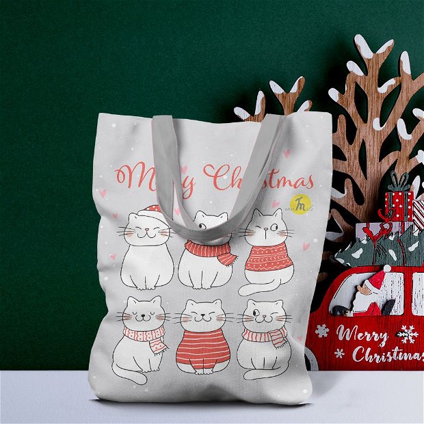 Geanta Handmade Tote Liner cu Captuseala, Merry Christmas Urare de Craciun de la 6 Pisici, Multicolor, 45x37 cm
