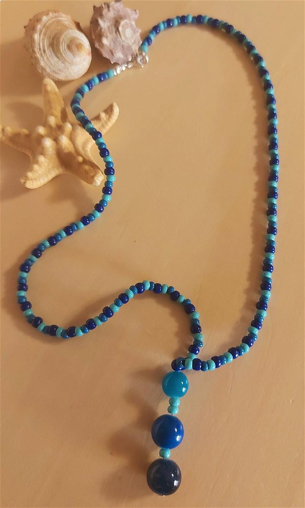 Colier dama margele sticla bleumarin-turcoaz-albastru