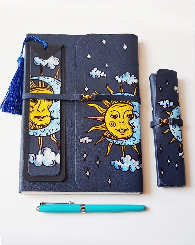 SET soare si luna - cu piele naturală: jurnal, penar, stilou, semn de carte