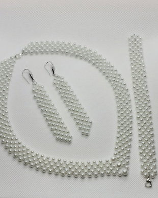 set elegant/mireasa din perle de sticla-alb