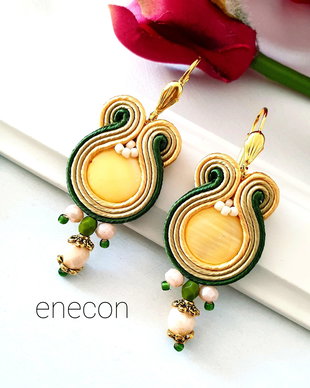 Cercei soutache cu sidef,  Cercei galbeni-oliv