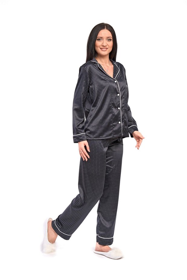 Pijama Neagra cu Buline din Satin de Matase