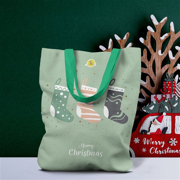 Geanta Handmade Tote Liner cu Captuseala, Merry Christmas Sosete de Craciun, Multicolor, 43x37 cm
