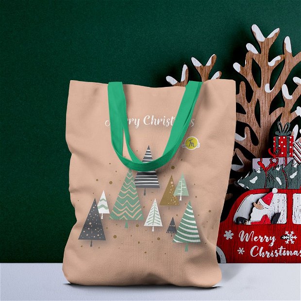 Geanta Handmade Tote Liner cu Captuseala, Merry Christmas Brazi Diversi de Craciun, Multicolor, 43x37 cm