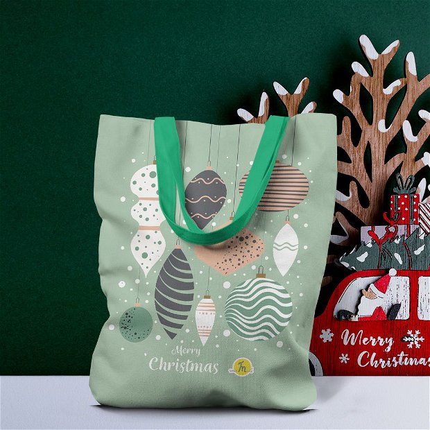 Geanta Handmade Tote Liner cu Captuseala, Merry Christmas Globuri in Bradul de Craciun, Multicolor, 43x37 cm