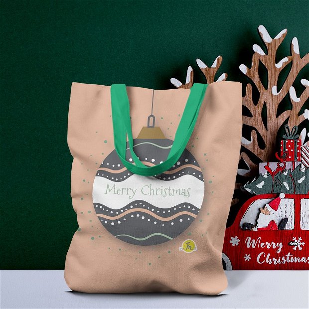Geanta Handmade Tote Liner cu Captuseala, Merry Christmas Glob Decoratiune de Craciun, Multicolor, 43x37 cm