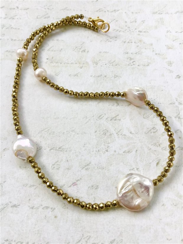 Colier CHOKER hematit auriu & perle baroc