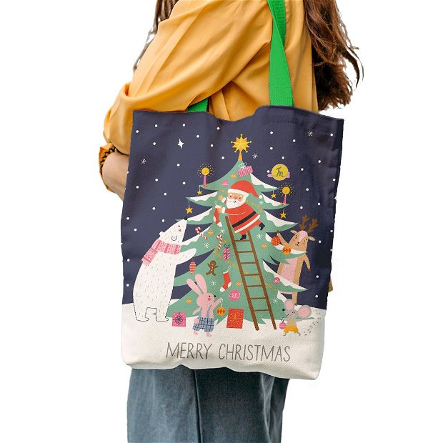 Geanta Handmade Tote Liner cu Captuseala, Merry Christmas Animale care Impodobesc Bradul impreuna cu Mos Craciun, Multicolor, 43x37 cm
