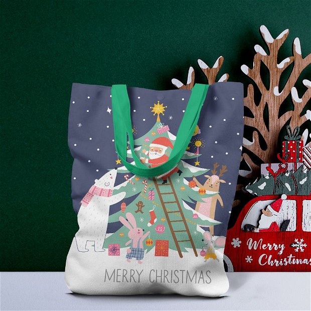 Geanta Handmade Tote Liner cu Captuseala, Merry Christmas Animale care Impodobesc Bradul impreuna cu Mos Craciun, Multicolor, 43x37 cm