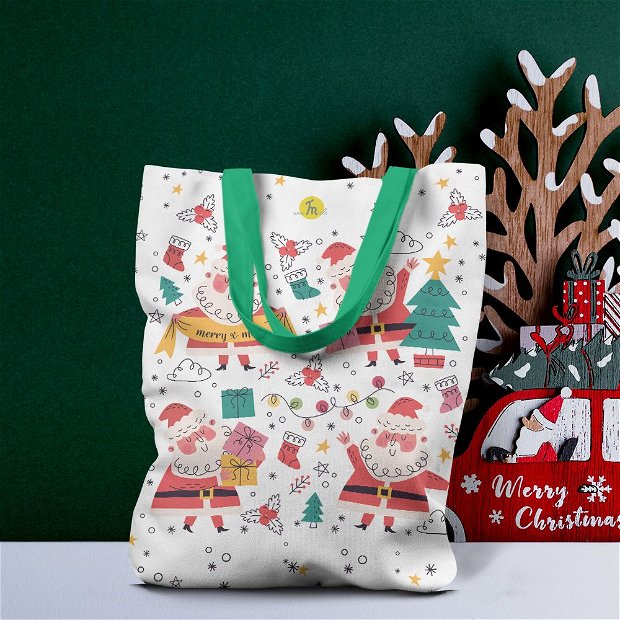 Geanta Handmade Tote Liner cu Captuseala, Merry Christmas Mos Craciun incantat ca se apropie Craciunul, Multicolor, 43x37 cm