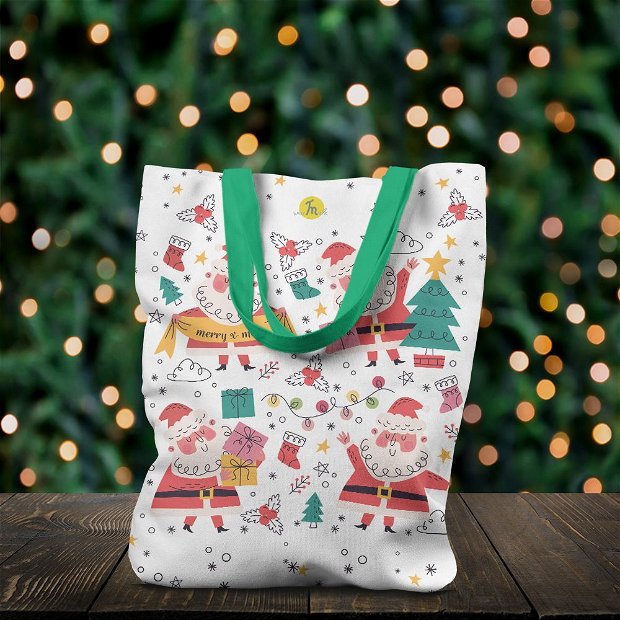Geanta Handmade Tote Liner cu Captuseala, Merry Christmas Mos Craciun incantat ca se apropie Craciunul, Multicolor, 43x37 cm