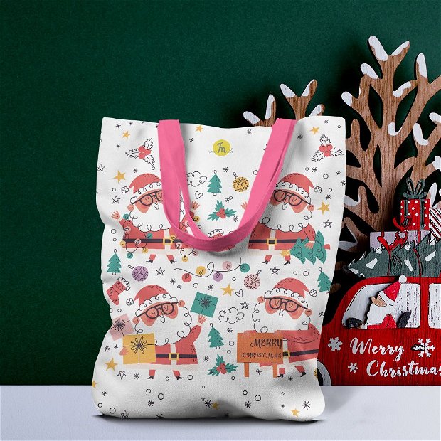 Geanta Handmade Tote Liner cu Captuseala, Merry Christmas Mos Craciun cu Ochelari, Multicolor, 43x37 cm