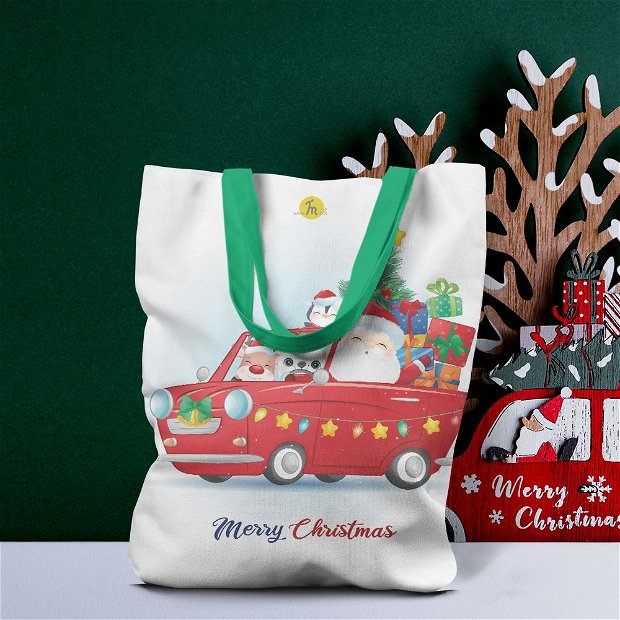 Geanta Handmade Tote Liner cu Captuseala, Merry Christmas Mos Craciun cu Masina Rosie, Multicolor, 43x37 cm