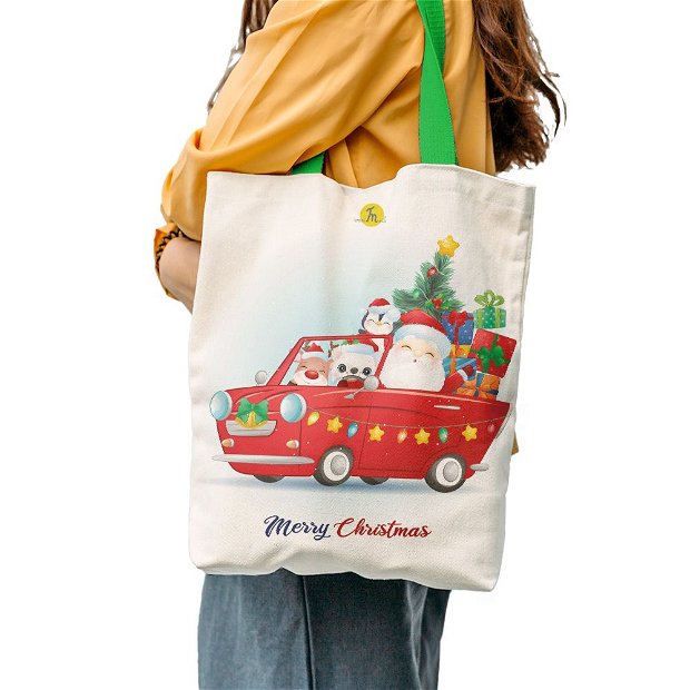 Geanta Handmade Tote Liner cu Captuseala, Merry Christmas Mos Craciun cu Masina Rosie, Multicolor, 43x37 cm