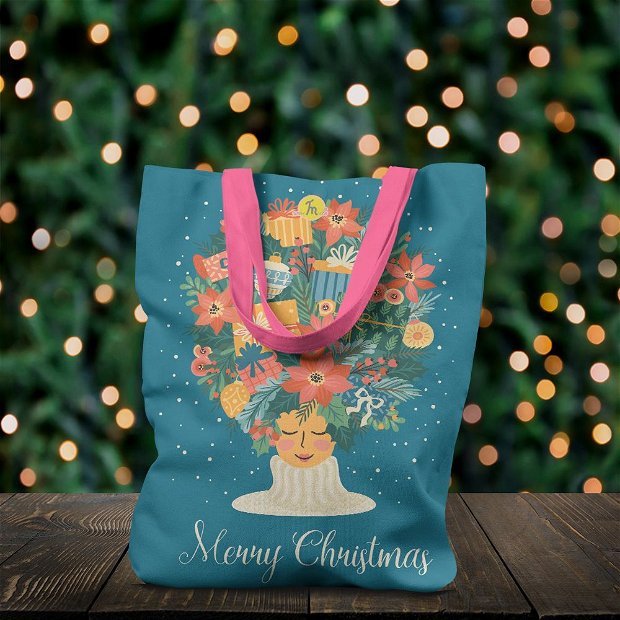 Geanta Handmade Tote Liner cu Captuseala, Merry Christmas Am numai Cadouri pe Cap, Multicolor, 43x37 cm