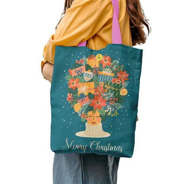 Geanta Handmade Tote Liner cu Captuseala, Merry Christmas Am numai Cadouri pe Cap, Multicolor, 43x37 cm
