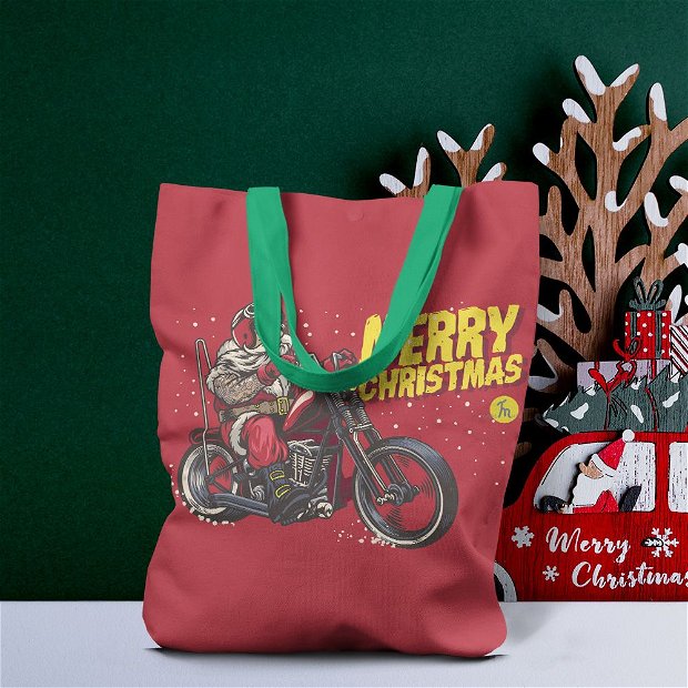 Geanta Handmade Tote Liner cu Captuseala, Merry Christmas Mos Craciun pe Motocicleta, Multicolor, 43x37 cm