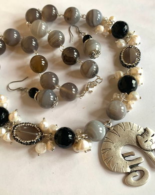 LAZY ARISTOCAT-agate,onix,perle de cultura,rhinestone,zamac argintat