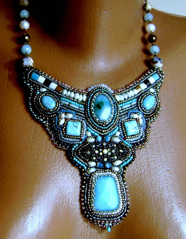 BlackFriday Today ! Turquoise in bronz / pietre semipretioase,jad fatetat,turcoaz fatetat, perle naturale, colier unic, vintage, broderie manuala, bijuterii pe viata